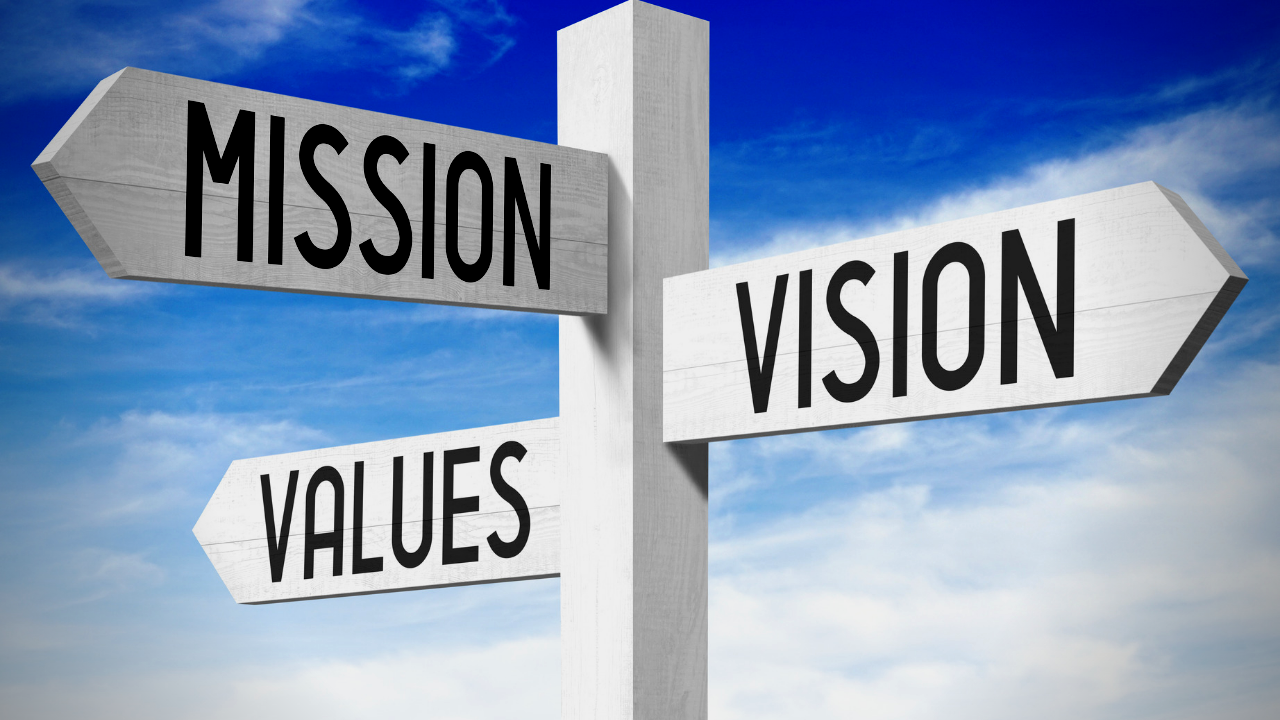 A sign pointing to value, vision, and mission.