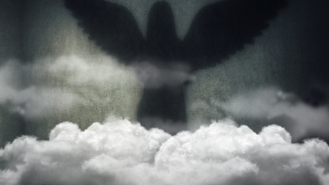 A guardian angel stands in the clouds.