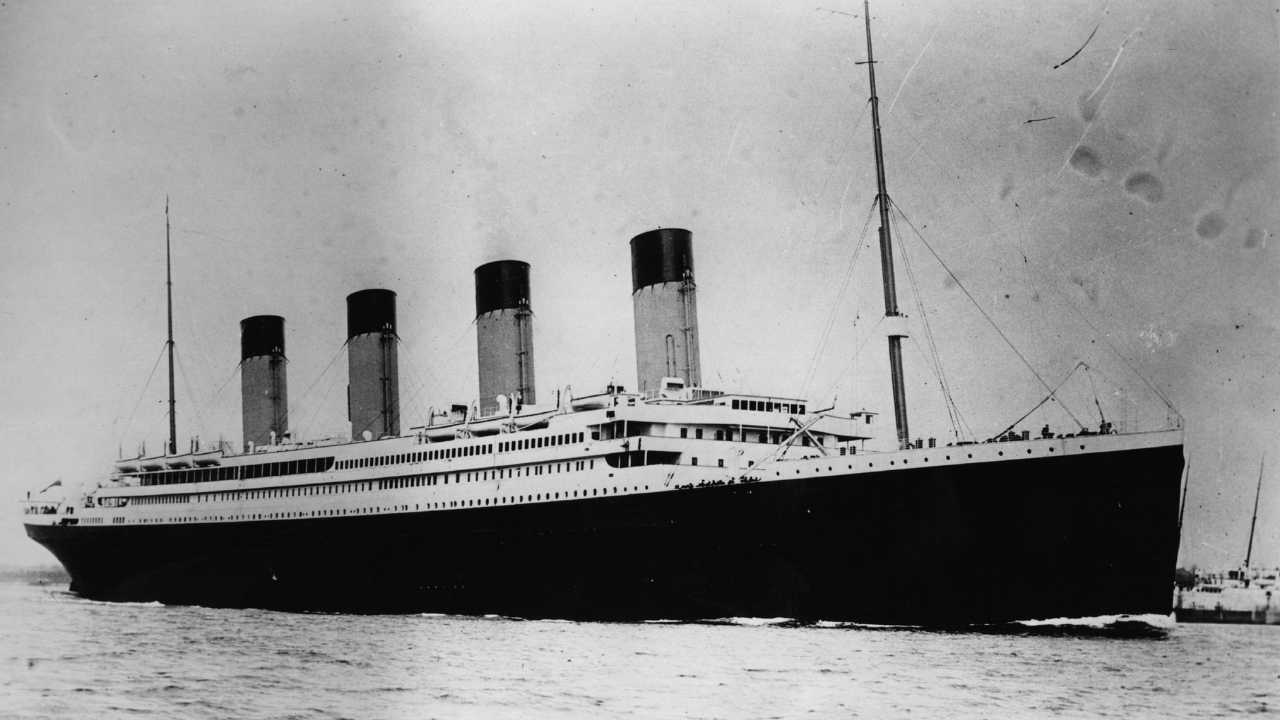 The Titanic sailing on the ocean.