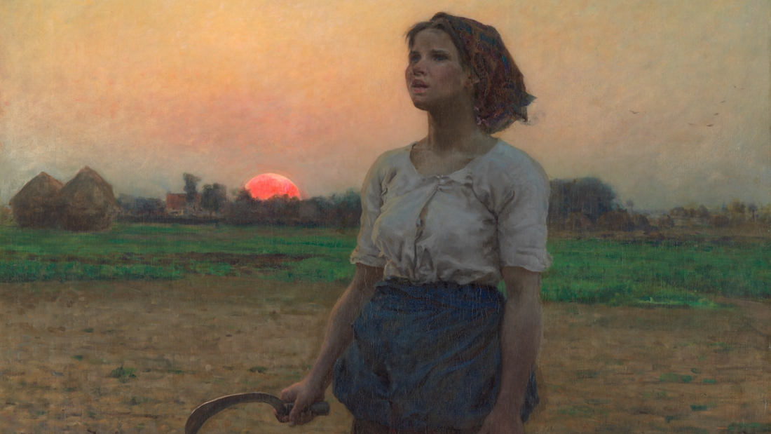 A painting of a young woman, standing in a field, looking up with a rising sun behind her. The painting is called The Song of the Lark by Jules Breton.