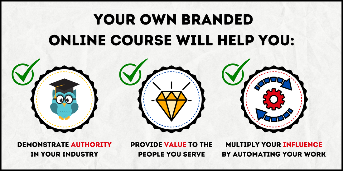 ​Having your own branded online course will help you demonstrate expertise in your industry, provide valuable content to the people you serve, and multiply your influence by automating your work.