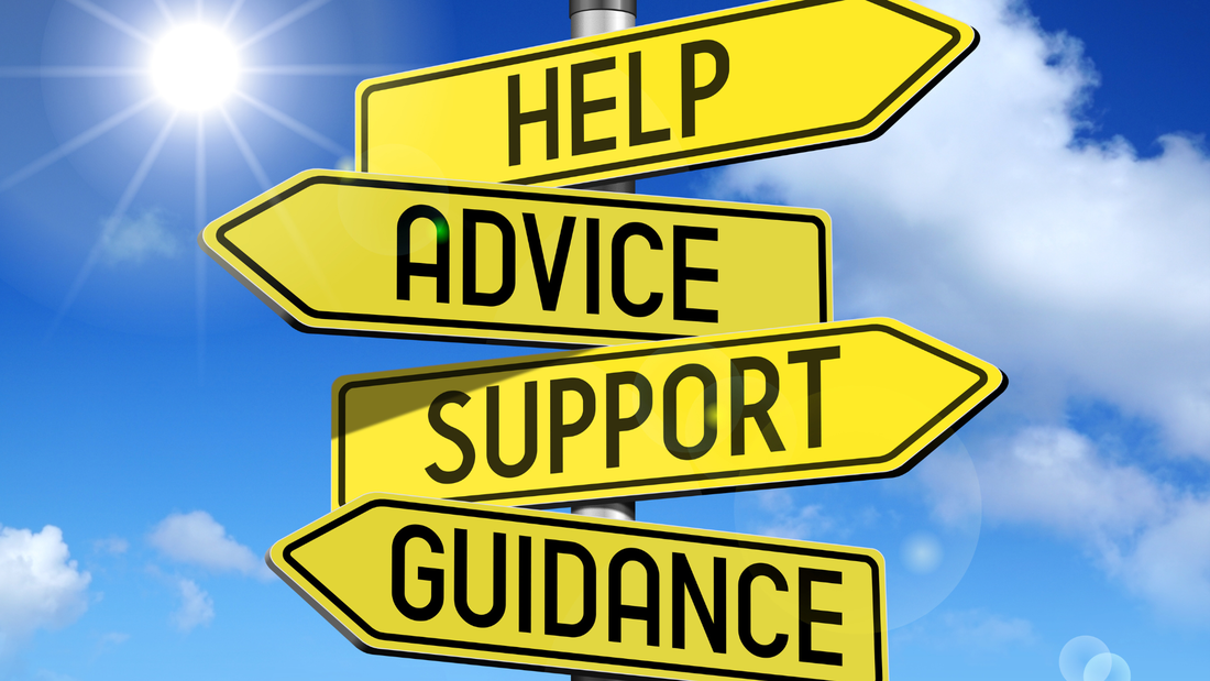 Road signs that say help, advice, support, and guidance.