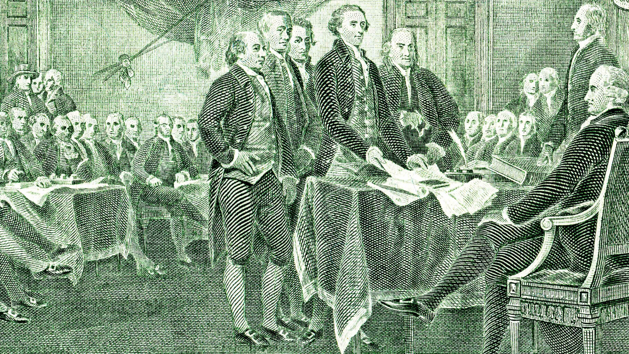 The back of a $2 bill depicting the signing of the declaration of independence, 